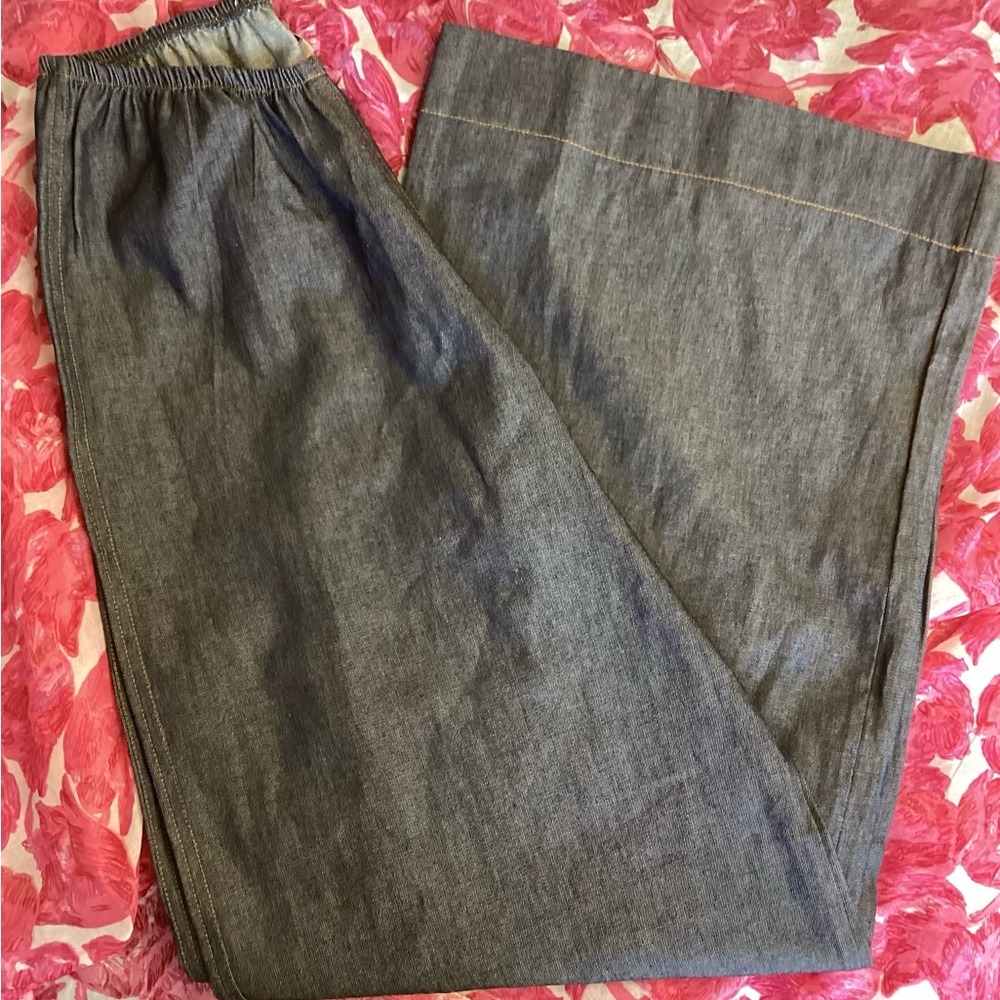 Wide Leg Denim Pants with Yellow Stitching 10/12